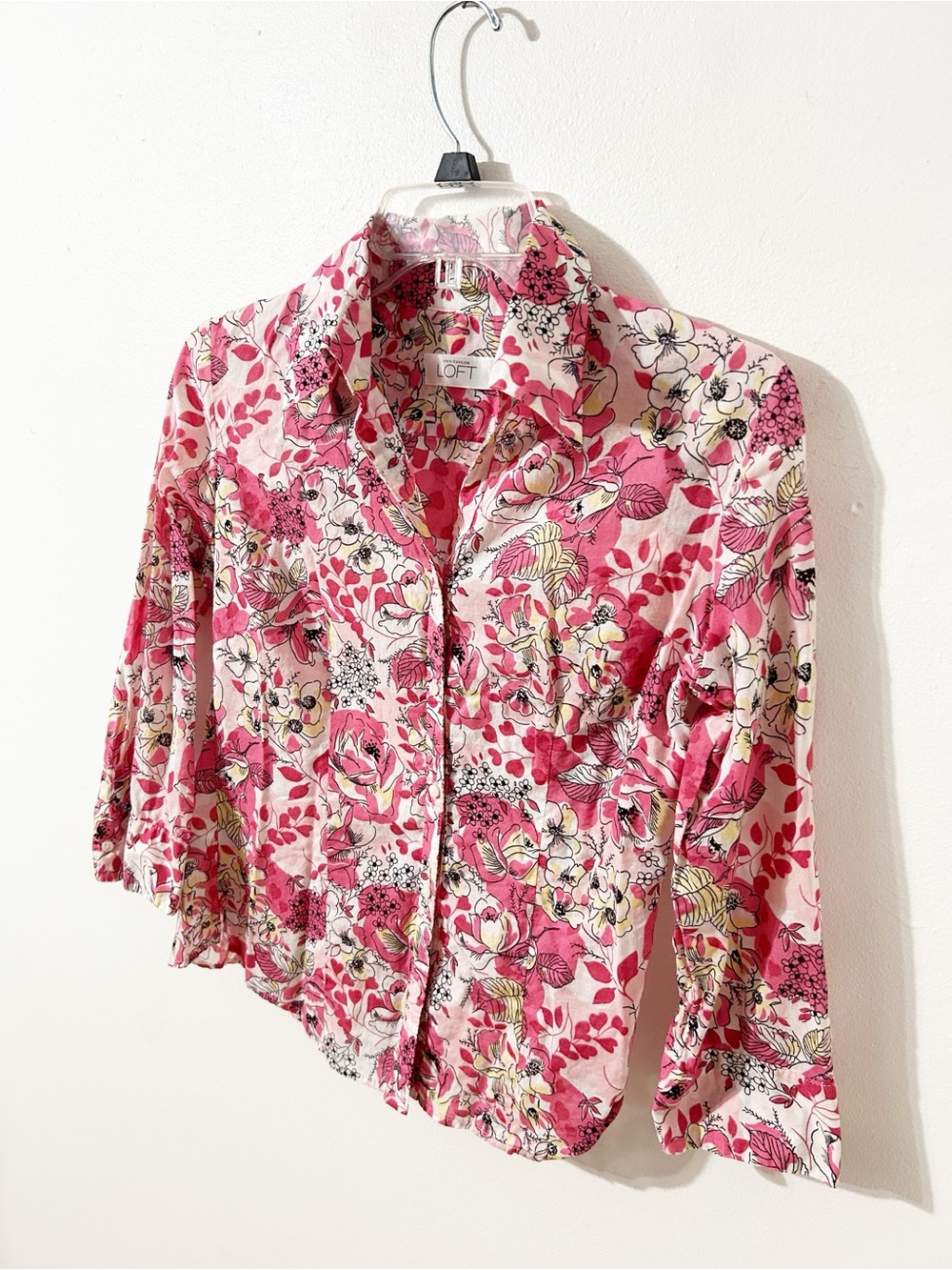 Ann Taylor LOFT Pink Floral Button Down Shirt 100% Cotton 3/4 Sleeve Blouse - Picture 2 of 9